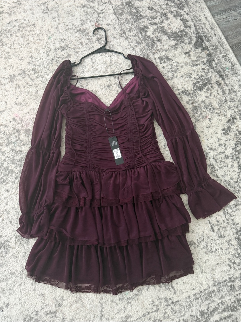 Fashion Nova Deep Plum Ruffle Tiered Long-Sleeve Dress - Picture 2 of 3